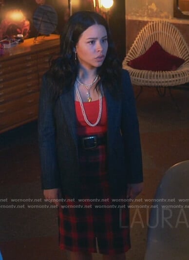 Mariana's denim blazer and check pencil skirt on Good Trouble