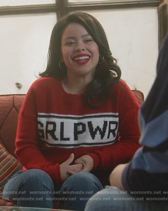Mariana's red Grl Pwr sweater on Good Trouble