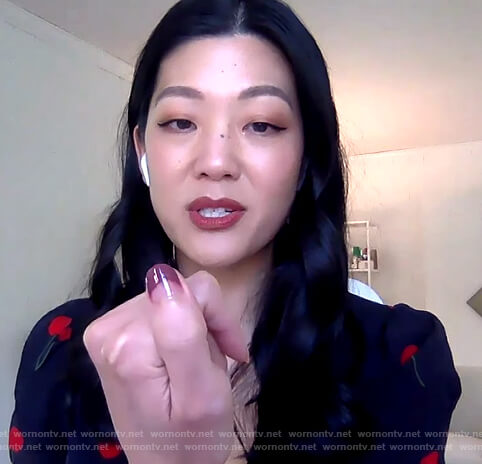 Michelle Lee's black cherry print dress on The Drew Barrymore Show