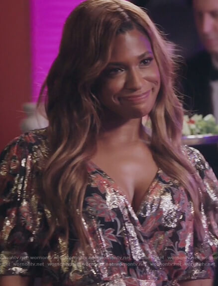 Mika's metallic floral wrap dress on Kenan