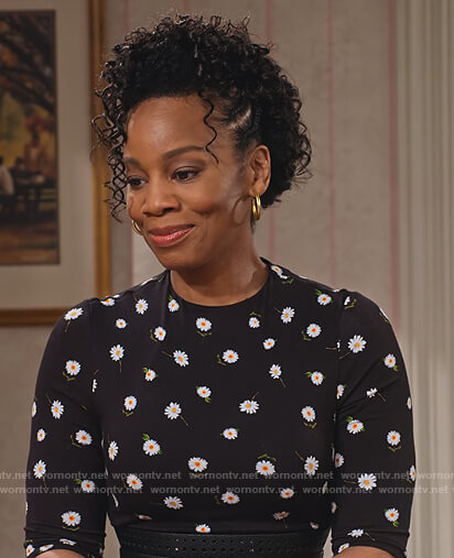 Miss Karen's black floral sheath dress on Family Reunion
