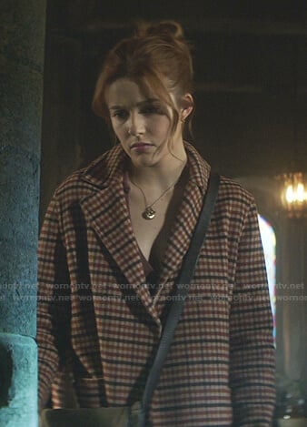 Nancy's beige checked wrap coat on Nancy Drew