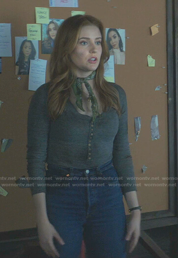 Nancy's grey scoop neck henley top on Nancy Drew