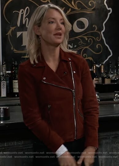 Nina's red suede moto jacket on General Hospital