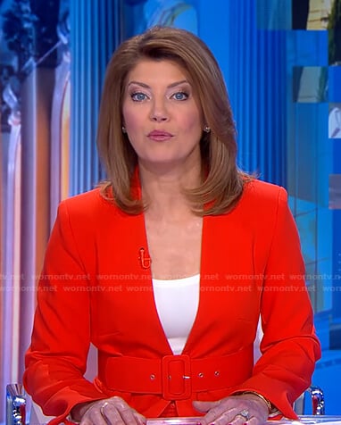 Norah's red lapelless blazer on CBS Evening News