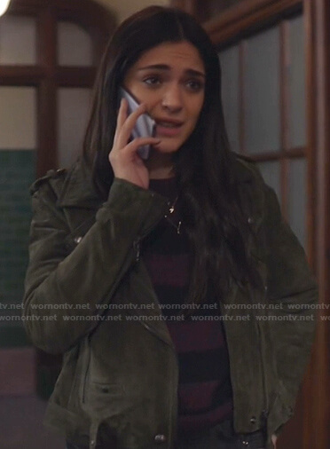Olive's green suede moto jacket on Manifest