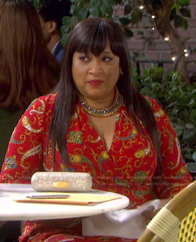 Paulina's red paisley print wrap dress on Days of our Lives