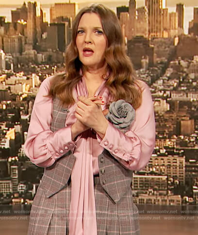Drew's pink tie neck blouse on The Drew Barrymore Show