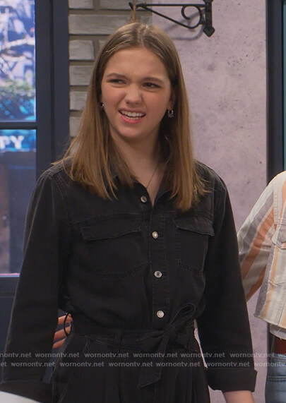 Presley's black denim jumpsuit on Side Hustle