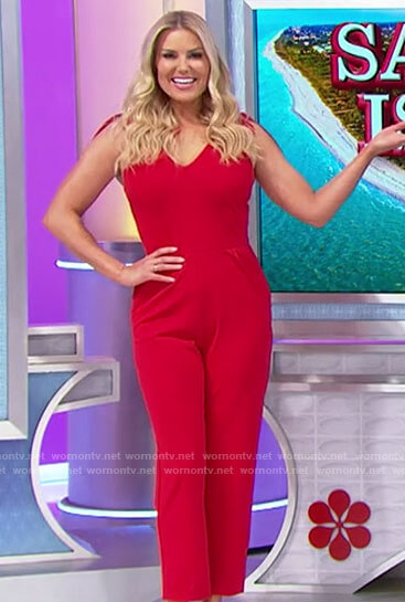 Rachel's red tie shoulder jumpsuit on The Price is Right