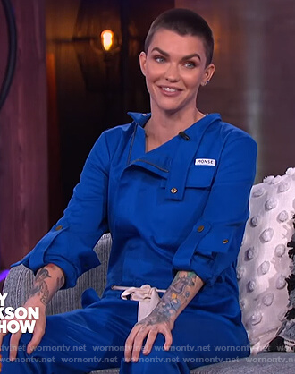 Ruby Rose's blue belted jumpsuit on The Kelly Clarkson Show