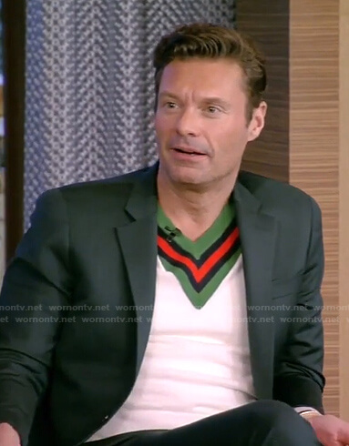 Ryan's white contrast v-neck sweater on Live with Kelly and Ryan