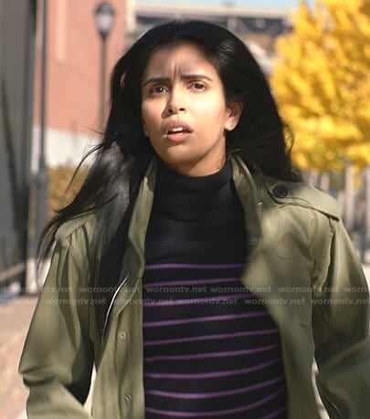 Saanvi's black and purple striped turtleneck sweater on Manifest