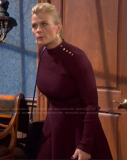 Sami's burgundy button detail ribbed dress on Days of our Lives