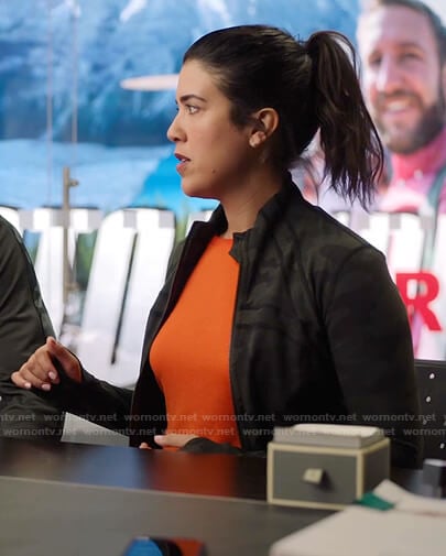 Shannon's green camo zip front jacket on Kims Convenience