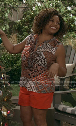 Sharon's sleeveless patchwork print top on Call Your Mother