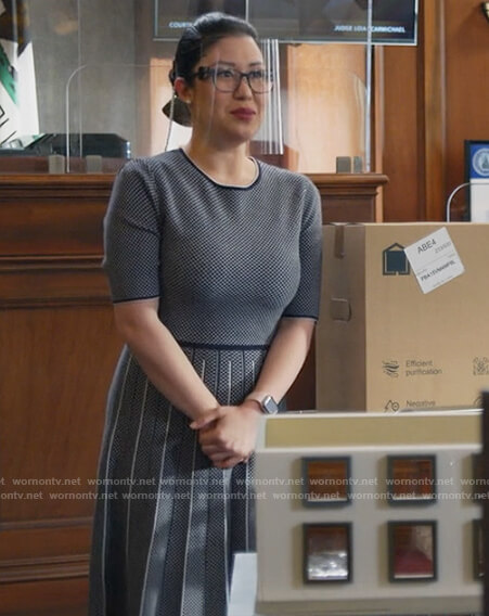 Sherri's gray knitted flare dress on All Rise