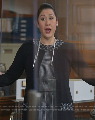 Sherri's navy tweed trim coat on All Rise