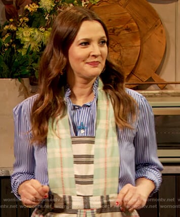 Drew's stripe apron and skirt on The Drew Barrymore Show