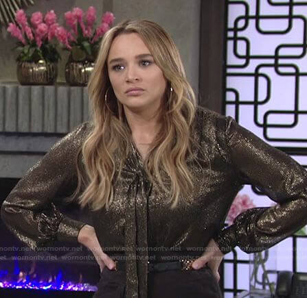 Summer's metallic tie neck blouse on The Young and the Restless