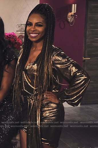 Sunita's gold metallic wrap dress on Family Reunion