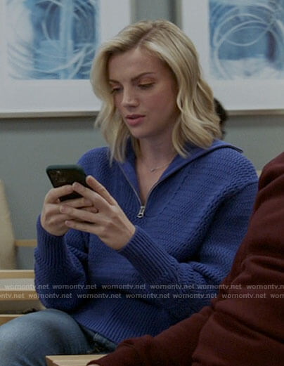 Sylvie's blue zip neck sweater on Chicago Fire