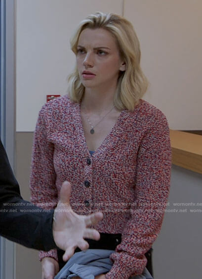 Sylvie's red marled cardigan on Chicago Fire