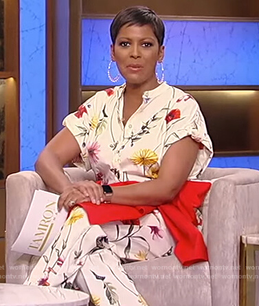 Tamron's white floral jumpsuit on Tamron Hall Show