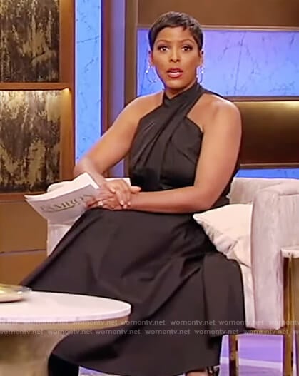 Tamron's black cross neck dress on Tamron Hall Show
