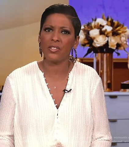 Tamron's white pearl embellished top on Tamron Hall Show