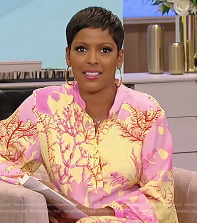 Tamron's yellow and pink floral dress on Tamron Hall Show