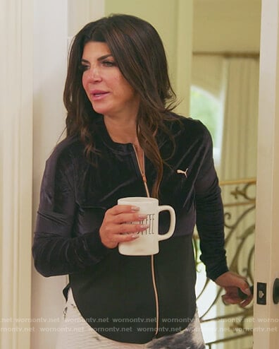 Teresa's black velvet jacket and tie dye leggings on The Real Housewives of New Jersey