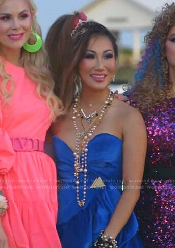 Tiffany's blue velvet strapless dress on The Real Housewives of Dallas