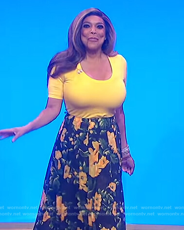 Wendy's yellow scoop neck top and floral skirt on The Wendy Williams Show