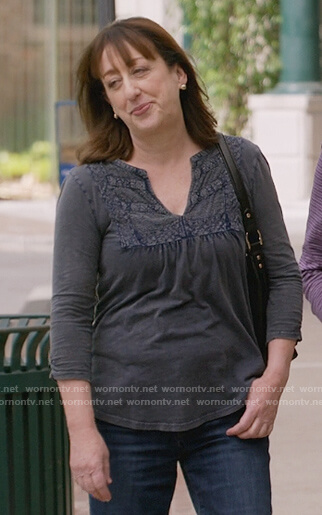 Wendy's gray embroidered trim blouse