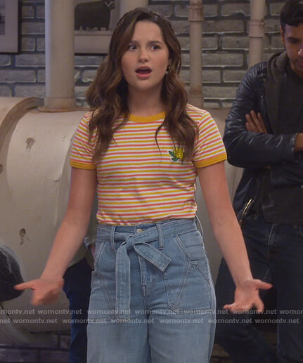 Lex's stripe tee and belted denim pants on Side Hustle
