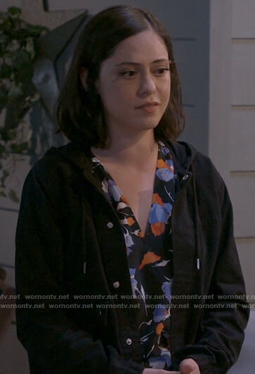 Adriana's black, blue, and orange floral blouse on B Positive