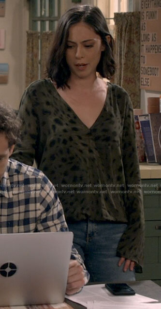 Adriana's green leopard print blouse on B Positive