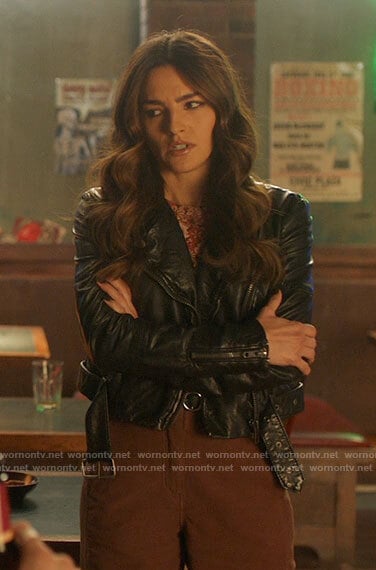 Allegra's belted leather moto jacket on The Flash