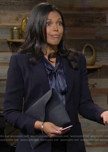 Amanda's purple and blue tie neck blouse on The Young and the Restless