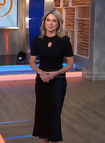 Amy's black keyhole top and satin skirt on Good Morning America