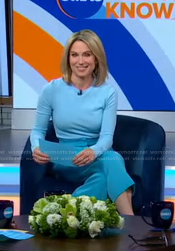 Amy's blue heart sweater and cropped pants on Good Morning America
