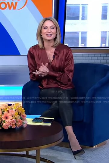 Amy's burgundy wrap top and leather pants on Good Morning America