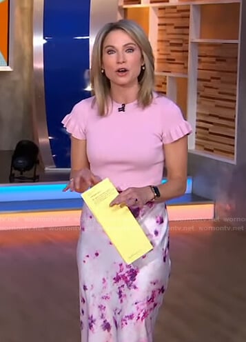 Amy's pink ruffle sleeve top and tie dye skirt on Good Morning America