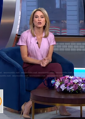 Amy's pink short sleeve wrap top and brown pants on Good Morning America