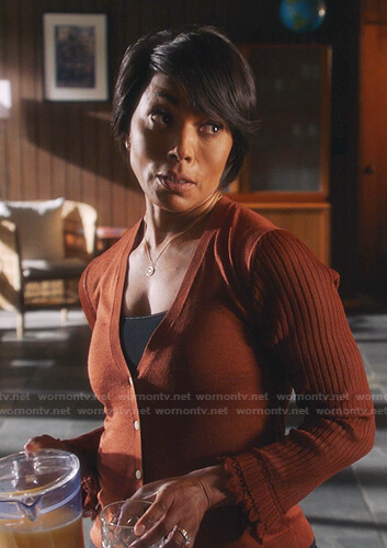 Athena's brown ruffle cuff cardigan on 9-1-1