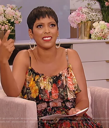 Tamron's black floral ruffle dress on Tamron Hall Show