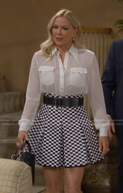 Brooke's checkerboard skirt and white blouse on The Bold and the Beautiful