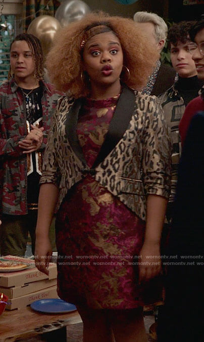 Kourtney's pink jacquard dress and leopard jacket on High School Musical The Musical The Series