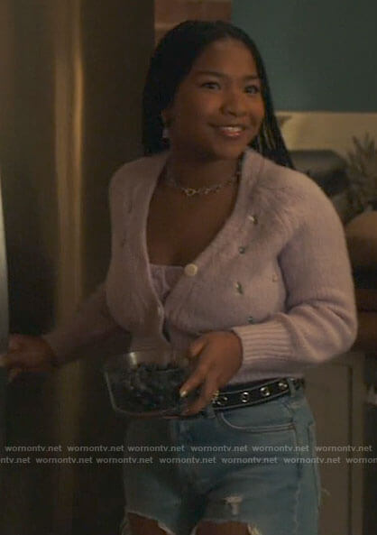 Delilah's purple bird embroidered cardigan on The Equalizer